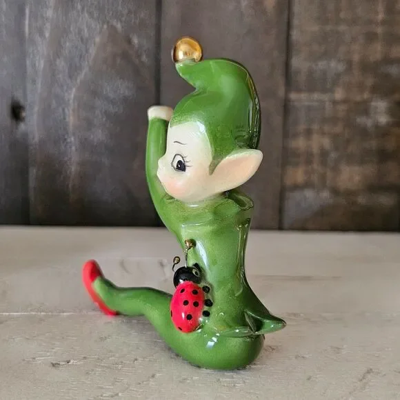 Vintage Josef Originals Pixie Figurine With Ladybug Green With Foil Sticker - Picture 3 of 7